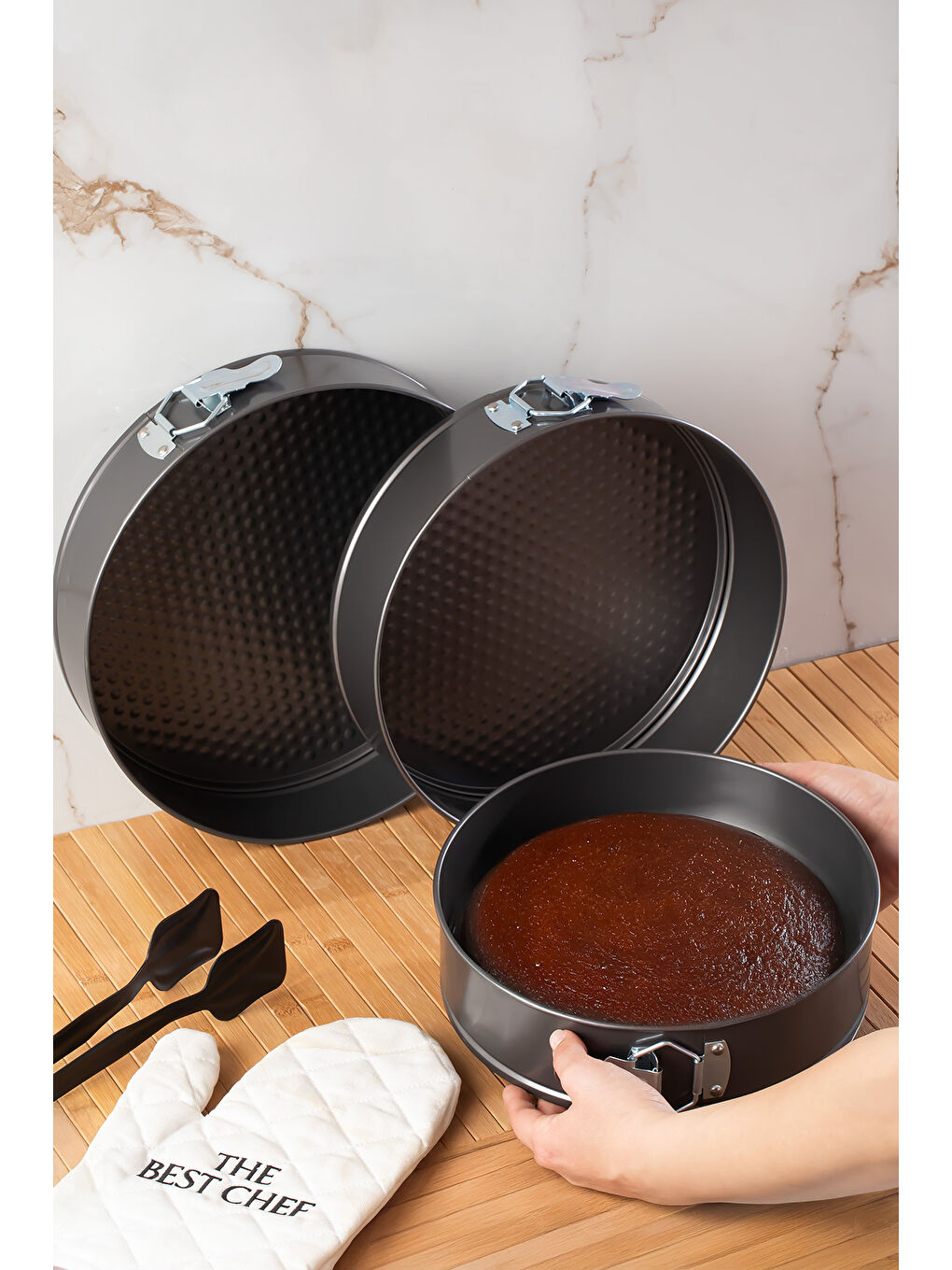 Antrasit 912 3lü Yanmaz Yapışmaz Metal Kilitli Kelepçeli Yuvarlak Kek Kalıbı Seti-1