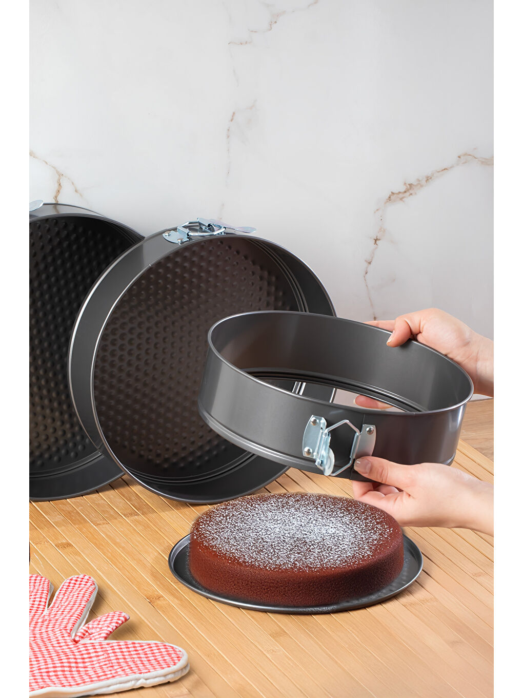 Antrasit 912 3lü Yanmaz Yapışmaz Metal Kilitli Kelepçeli Yuvarlak Kek Kalıbı Seti-2