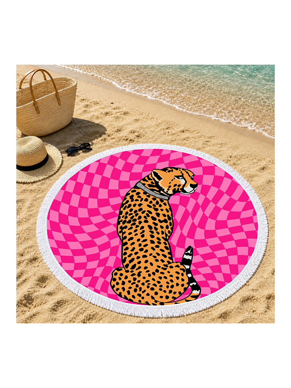 Karışık 150 CM Yuvarlak Plaj Havlusu Leopar Desenli Canlı Renk Dijital Baskılı-1
