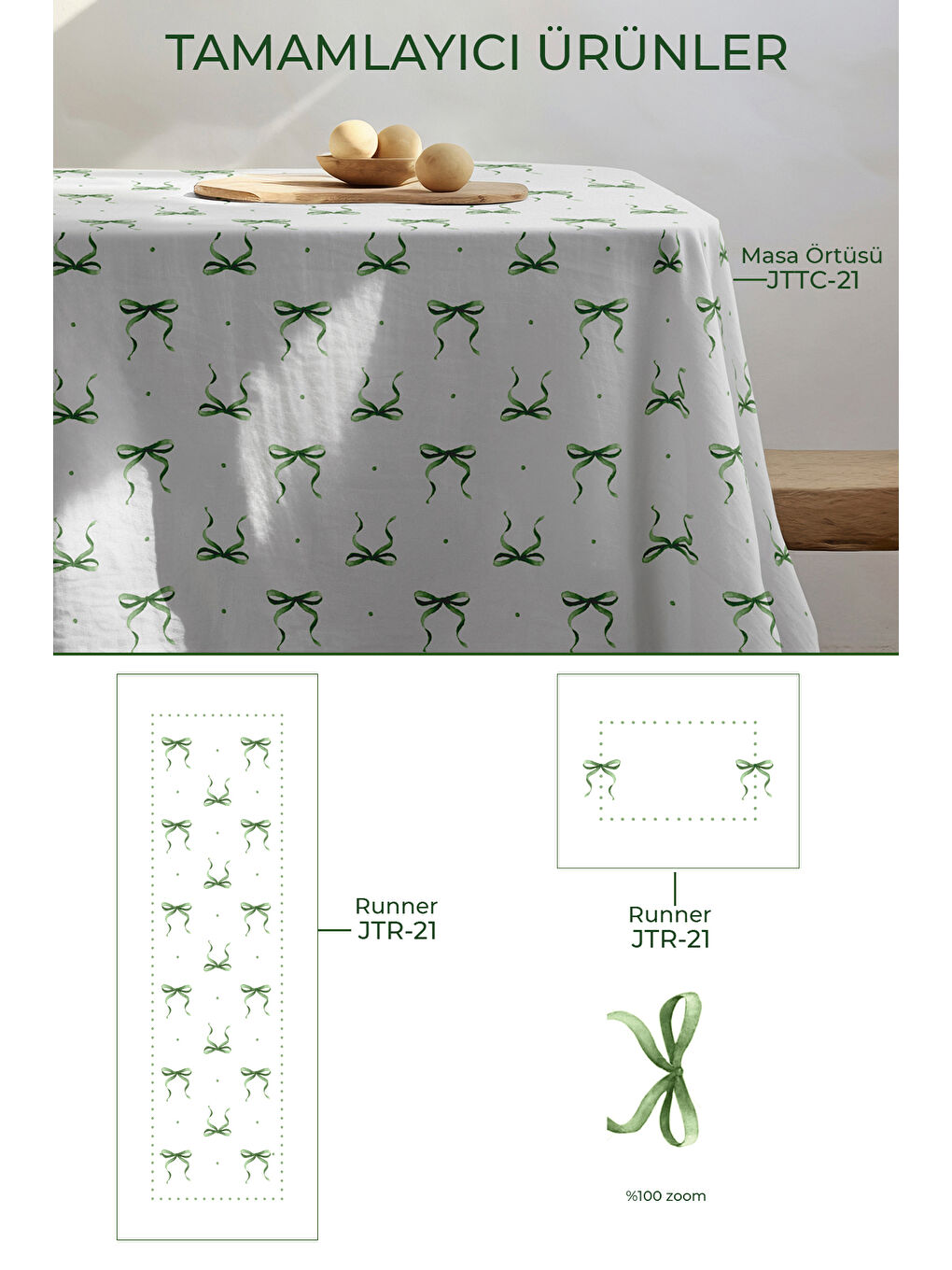 Fiore Fiyonk Desenli 2'li Amerikan Servis Seti - Yeşil /Beyaz-JTPM-2