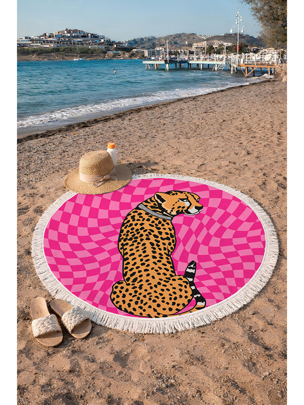 Karışık 150 CM Yuvarlak Plaj Havlusu Leopar Desenli Canlı Renk Dijital Baskılı-2