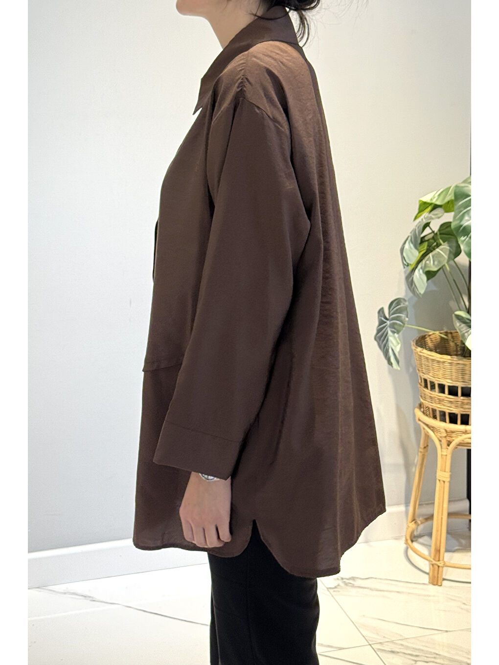 Önden Düğmeli Uzun Cep Detaylı Tunik 6148 Kahverengi-1