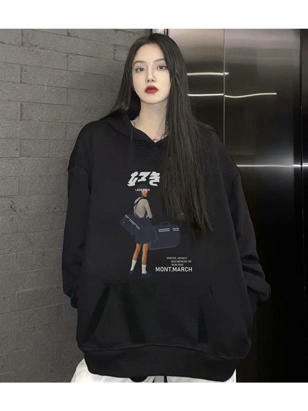 Touz Moda Siyah March Iddeverray Baskılı Siyah Unisex Oversize Kapüşonlu Sweatshirt