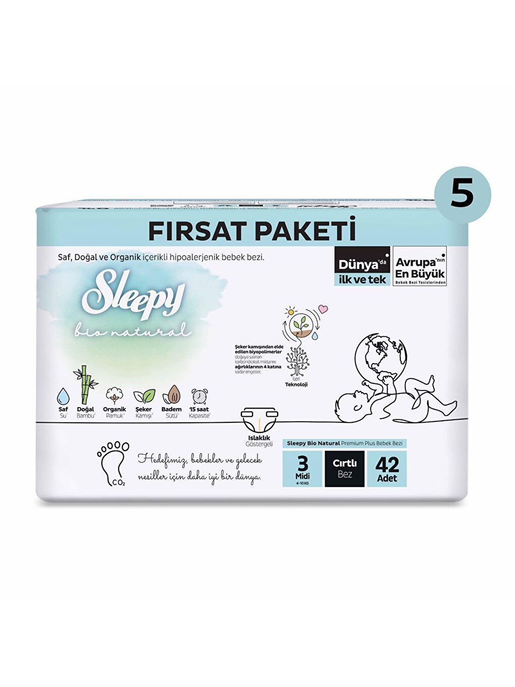 Sleepy Beyaz Bio Natural Ultra Fırsat Paketi Bebek Bezi 3 Numara Midi 210 Adet - 1