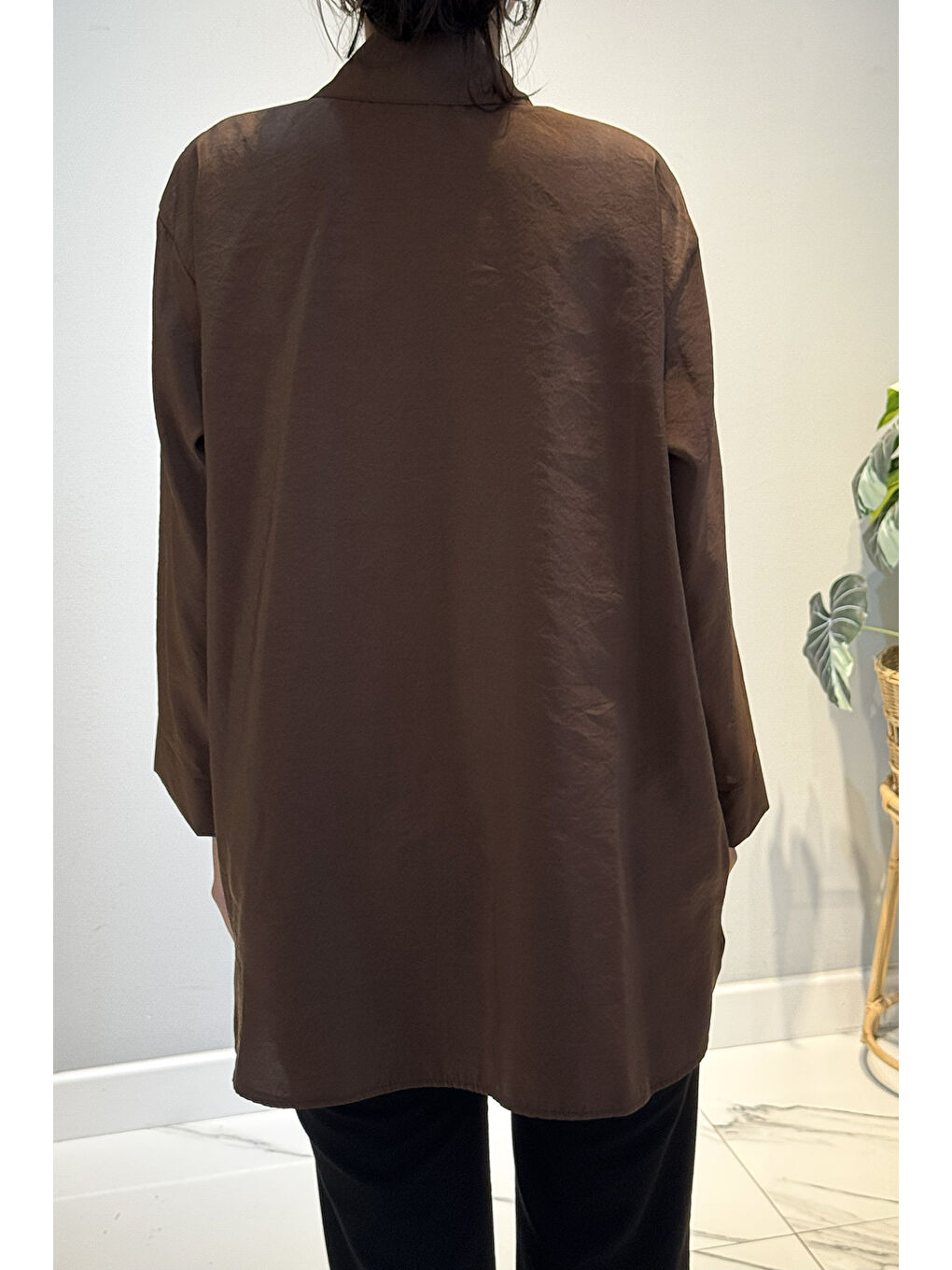 Önden Düğmeli Uzun Cep Detaylı Tunik 6148 Kahverengi-2