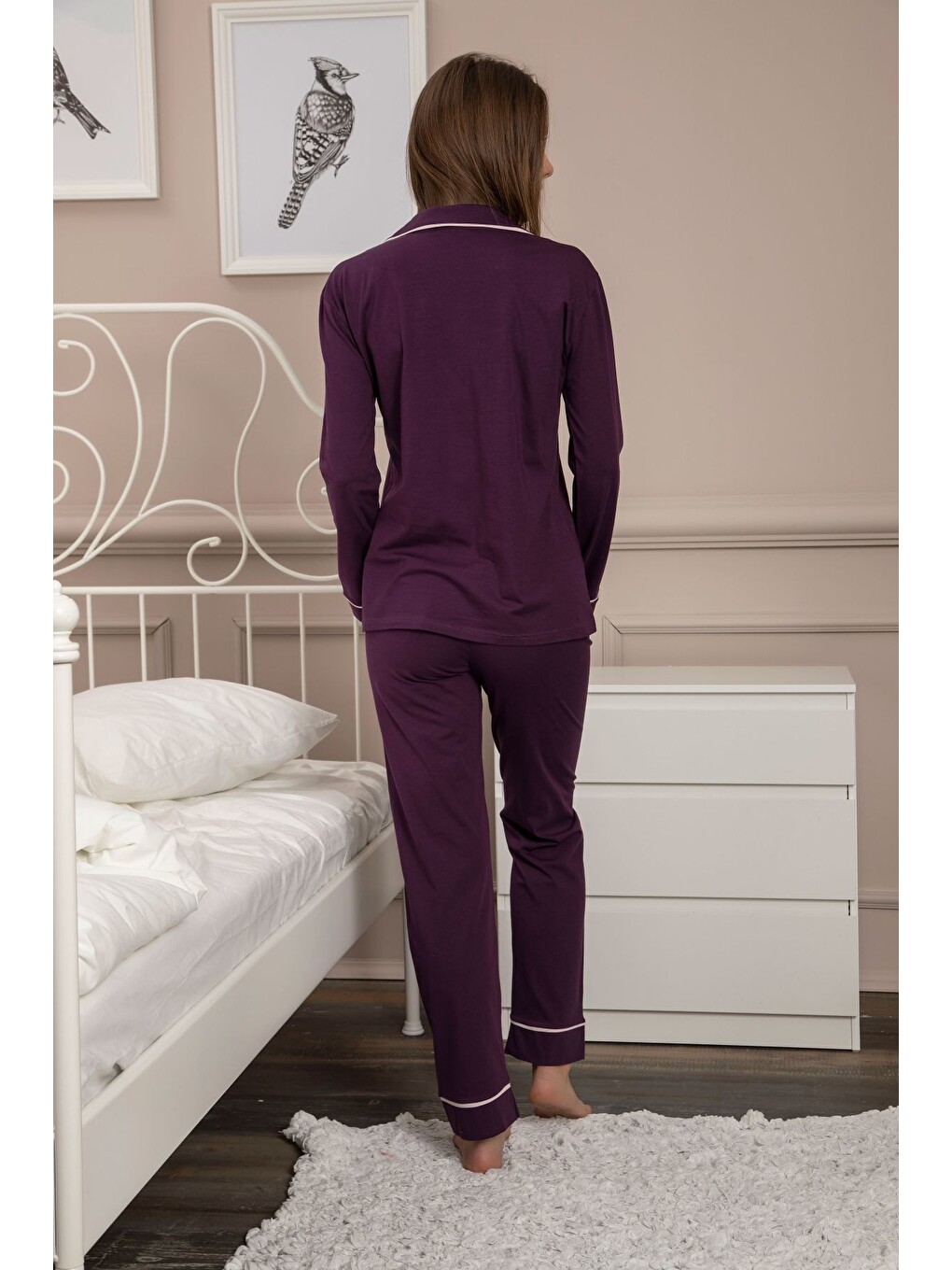Mürdüm Kadın Pamuklu Düğmeli Biyeli Pijama Takımı-1