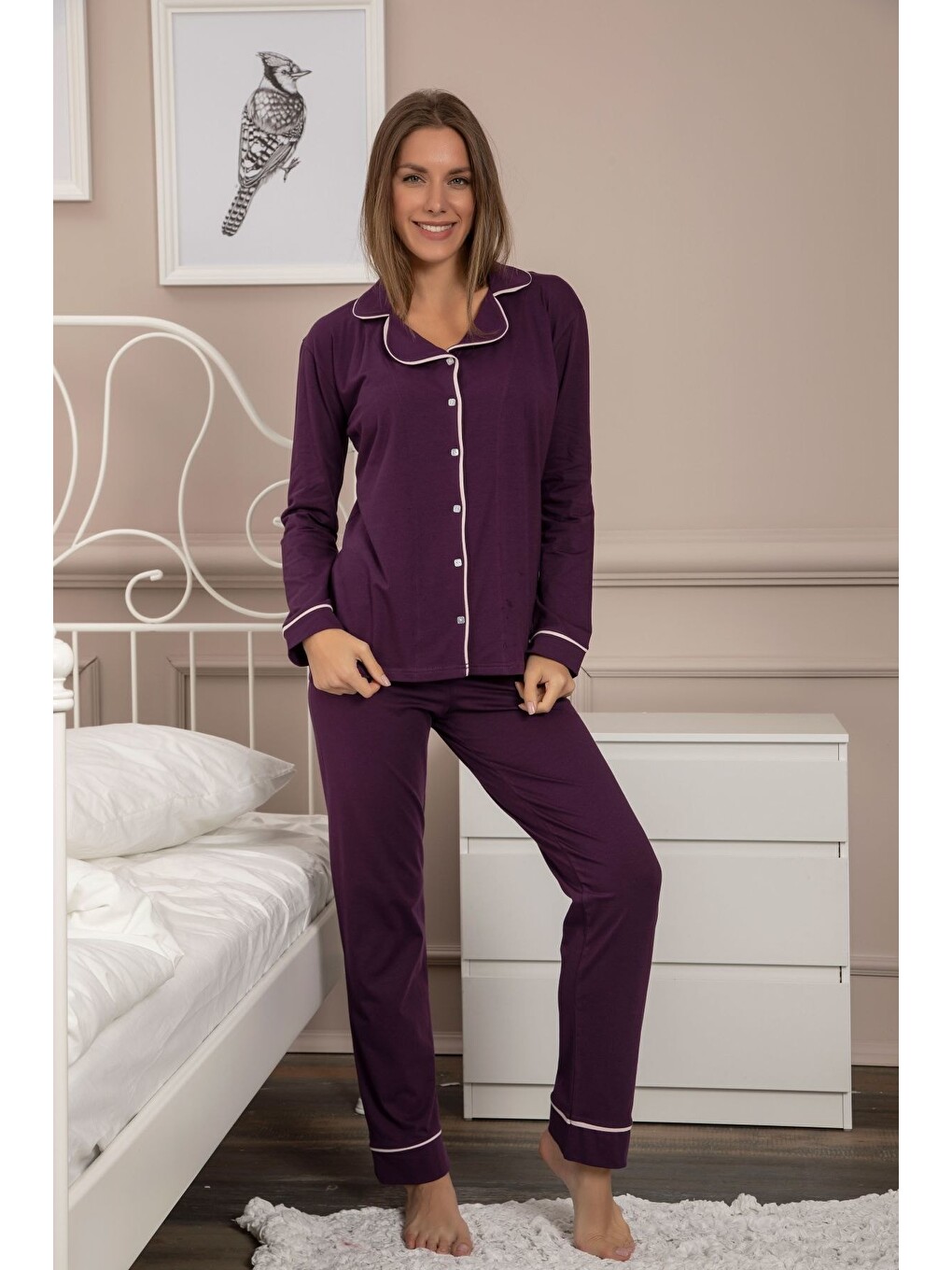 Mürdüm Kadın Pamuklu Düğmeli Biyeli Pijama Takımı-2