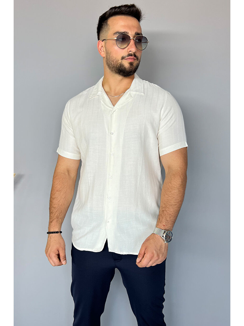 Mishar İtalia Ekru Slim Fit Desenli Keten Gömlek