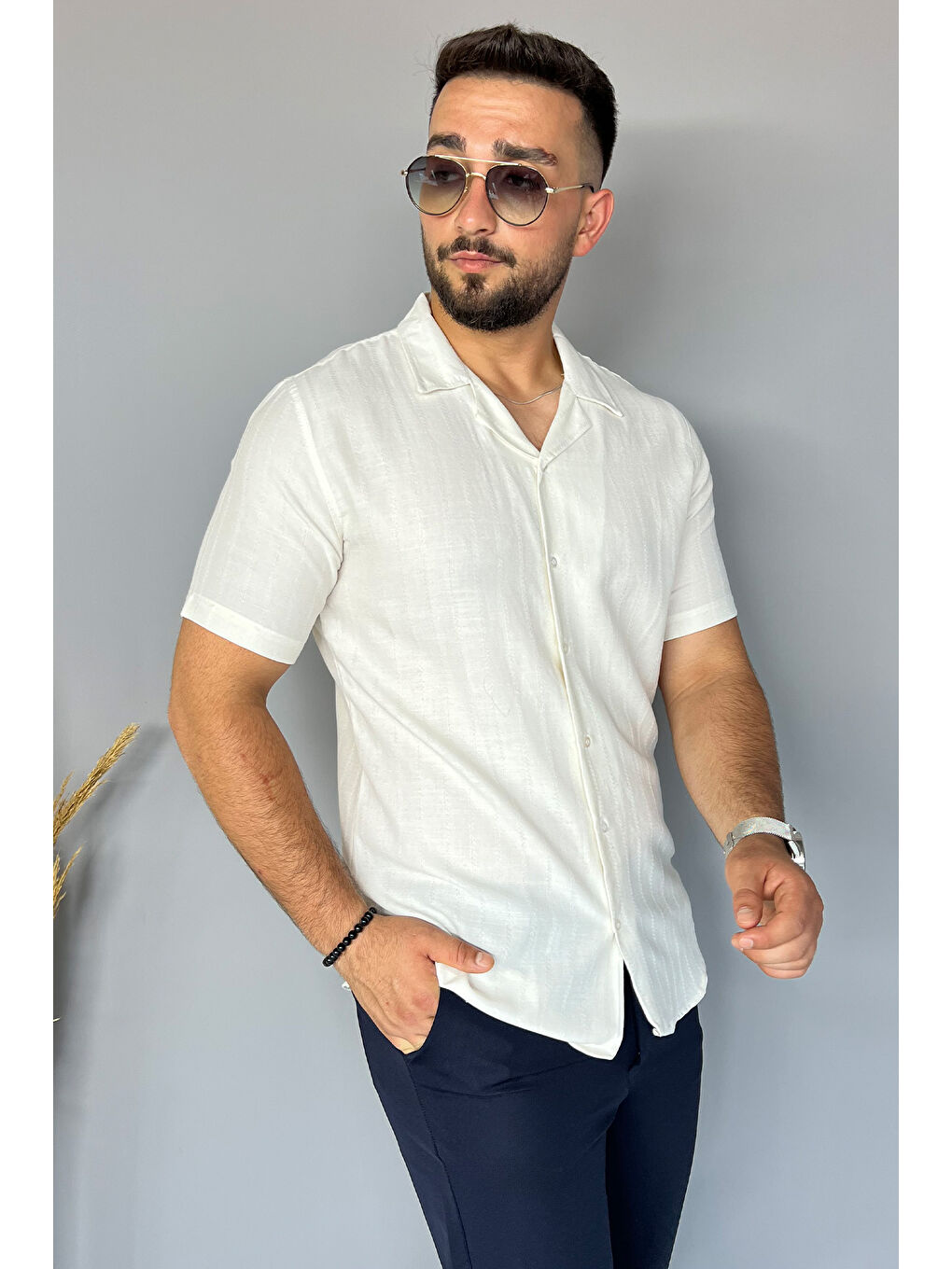 Mishar İtalia Ekru Slim Fit Desenli Keten Gömlek - 1