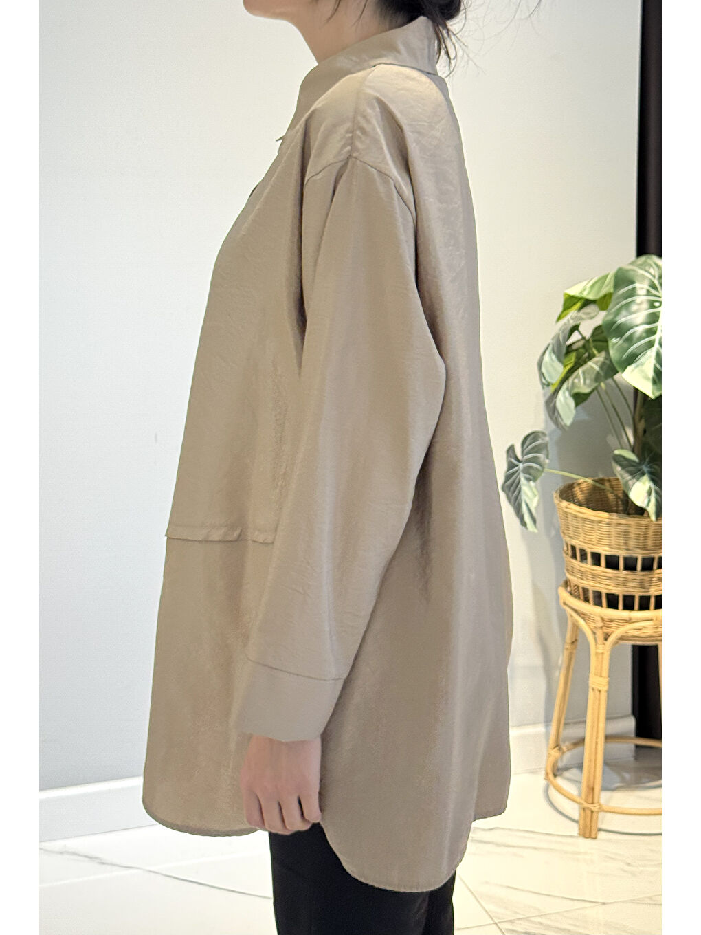 Önden Düğmeli Uzun Cep Detaylı Tunik 6148 Bej-1