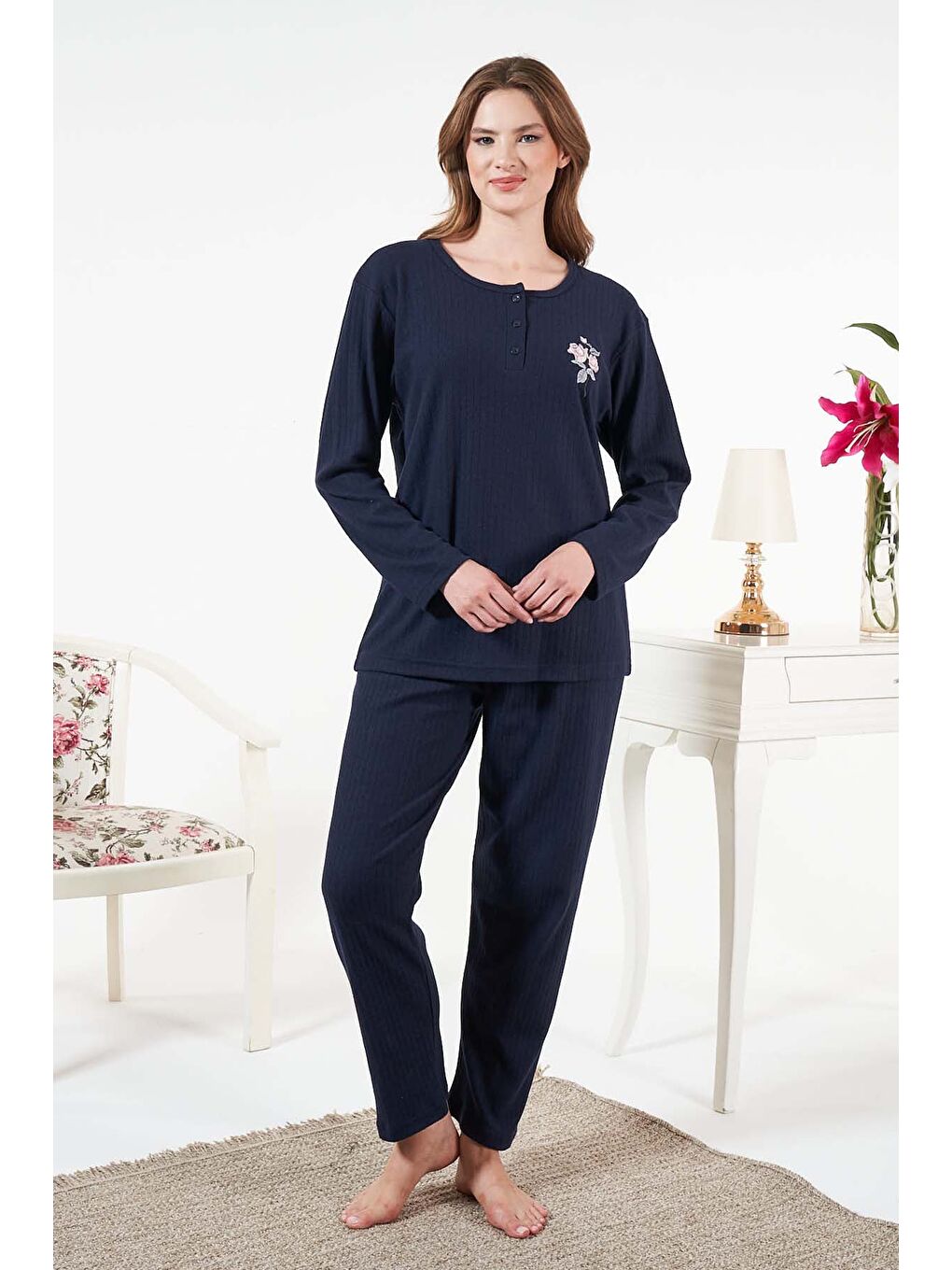 Kadın İnterlok Şardonlu Fitilli Pijama Takımı 25330 Lacivert