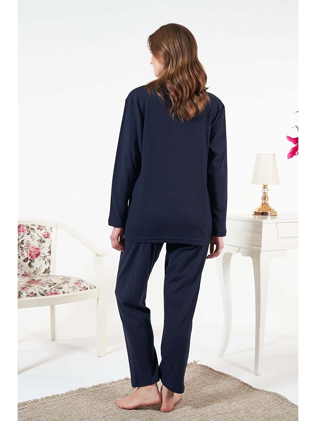 Kadın İnterlok Şardonlu Fitilli Pijama Takımı 25330 Lacivert-1