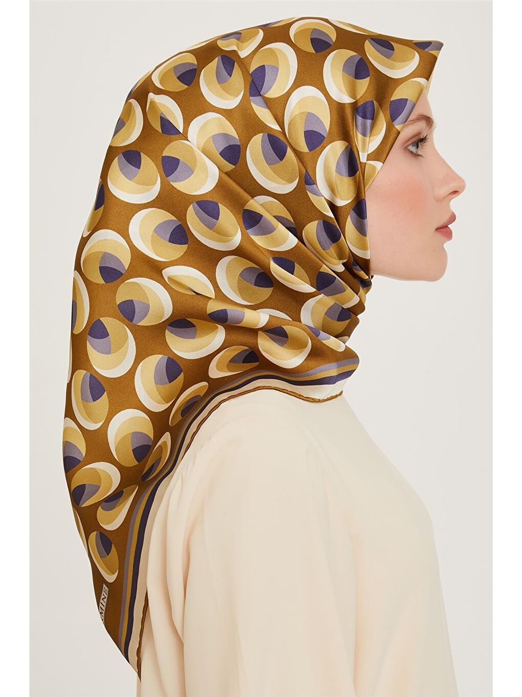 Kahverengi Geometrik Desenli Sura Saf İpek Eşarp 9219D 05 06-1