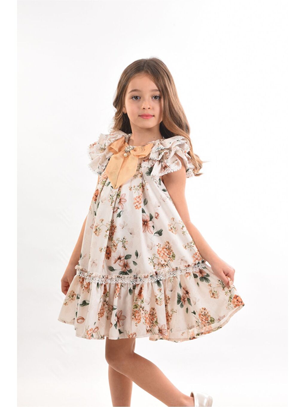 Sarı Çiçekli, Fiyonklu Yaka Detaylı Kız Çocuk Elbisesi ,Özel Tasarım Çocuk Elbise, Doğum Günü Elbisesi
