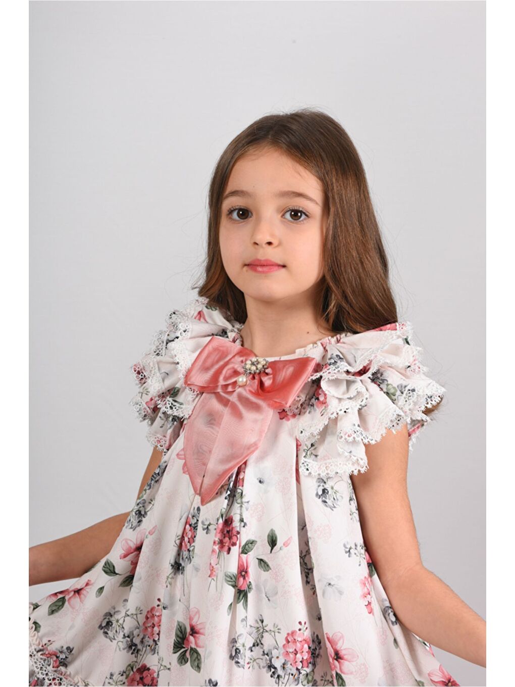 Pembe Çiçekli, Fiyonklu Yaka Detaylı Kız Çocuk Elbisesi ,Özel Tasarım Çocuk Elbise, Doğum Günü Elbisesi-1