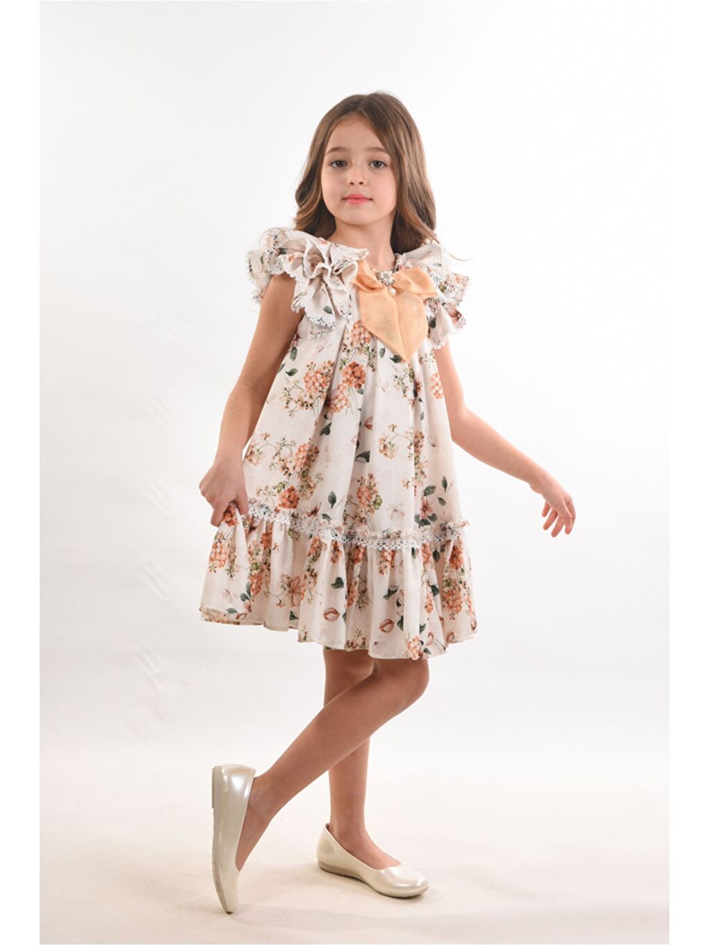 Sarı Çiçekli, Fiyonklu Yaka Detaylı Kız Çocuk Elbisesi ,Özel Tasarım Çocuk Elbise, Doğum Günü Elbisesi-2