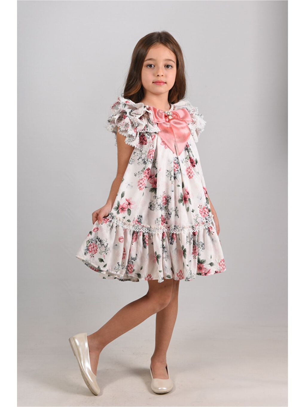 Pembe Çiçekli, Fiyonklu Yaka Detaylı Kız Çocuk Elbisesi ,Özel Tasarım Çocuk Elbise, Doğum Günü Elbisesi-2