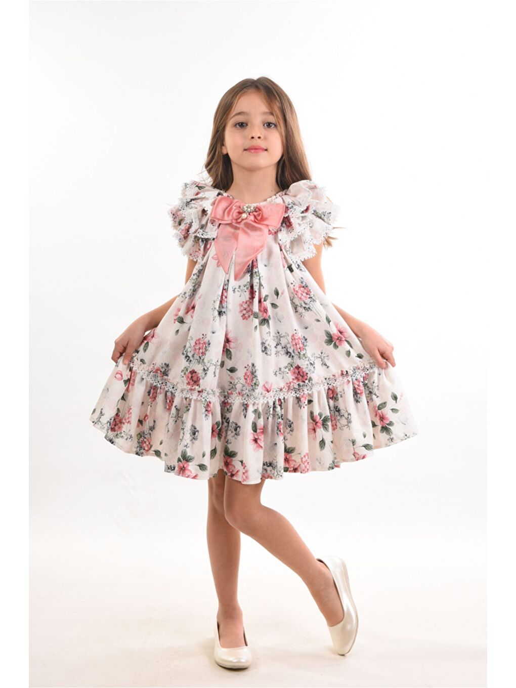 Pembe Çiçekli, Fiyonklu Yaka Detaylı Kız Çocuk Elbisesi ,Özel Tasarım Çocuk Elbise, Doğum Günü Elbisesi-3
