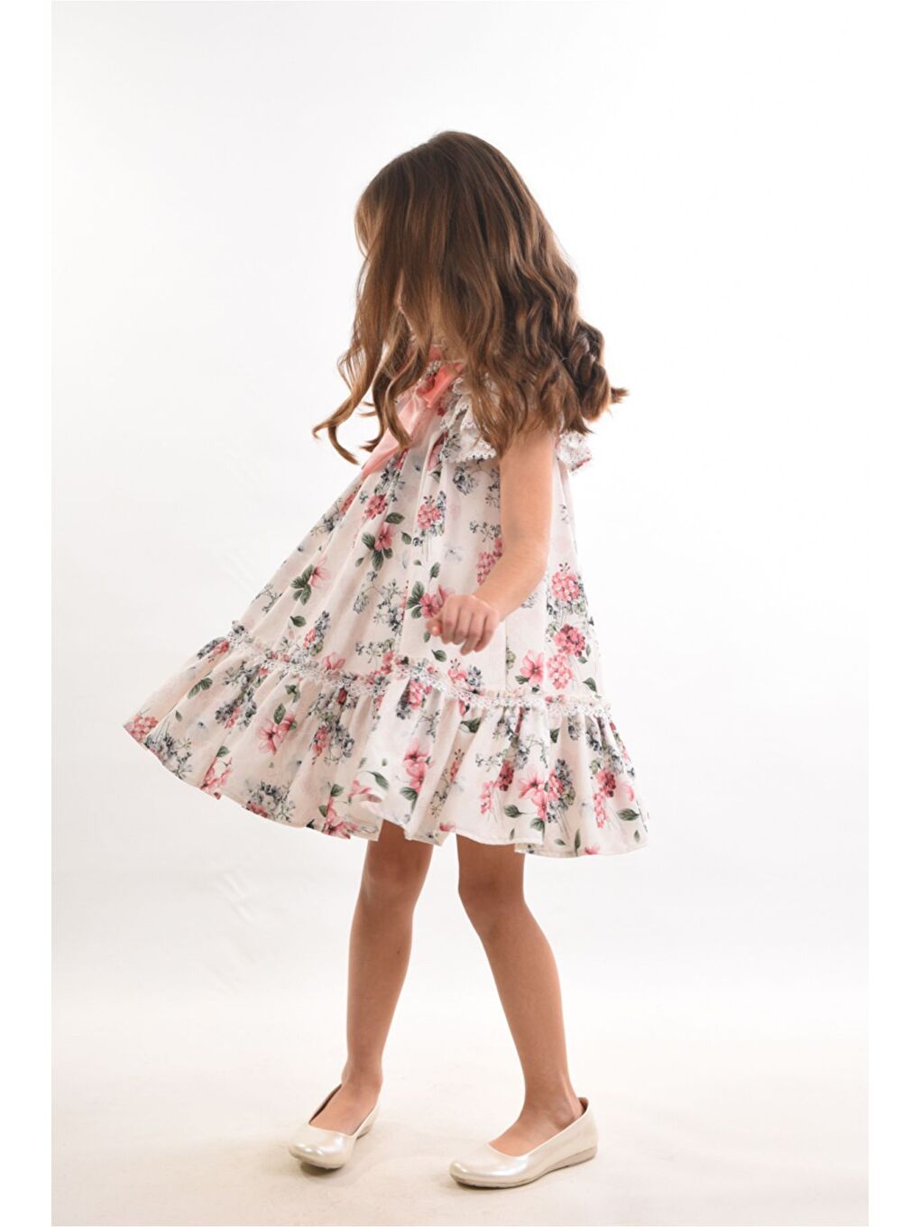 Pembe Çiçekli, Fiyonklu Yaka Detaylı Kız Çocuk Elbisesi ,Özel Tasarım Çocuk Elbise, Doğum Günü Elbisesi-4