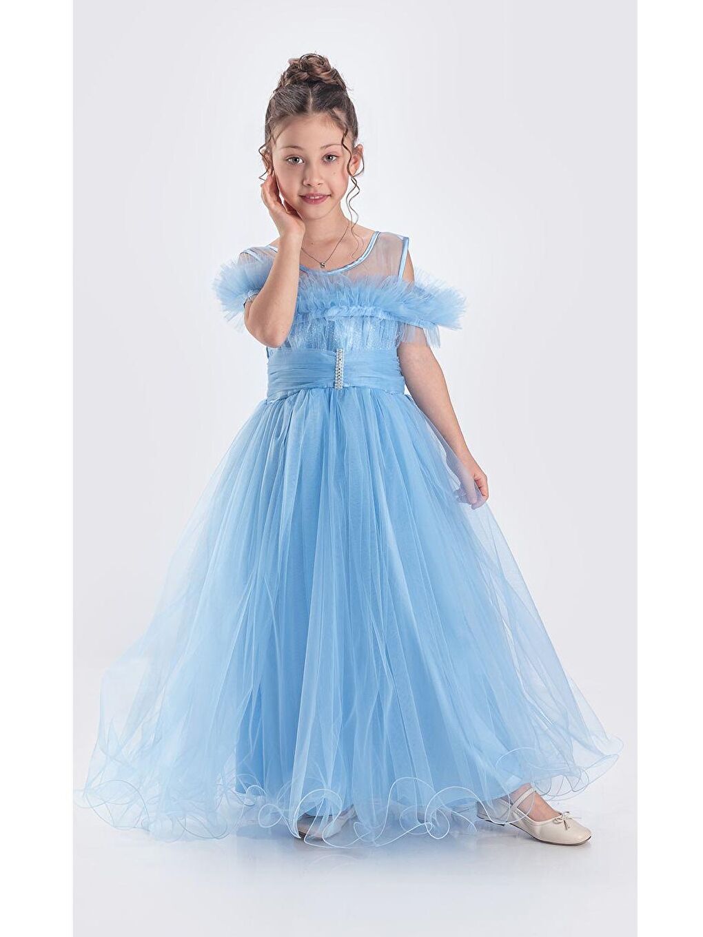 Mavi Uzun Etek Kız Çocuk Robası Şifon Abiye M00723-1