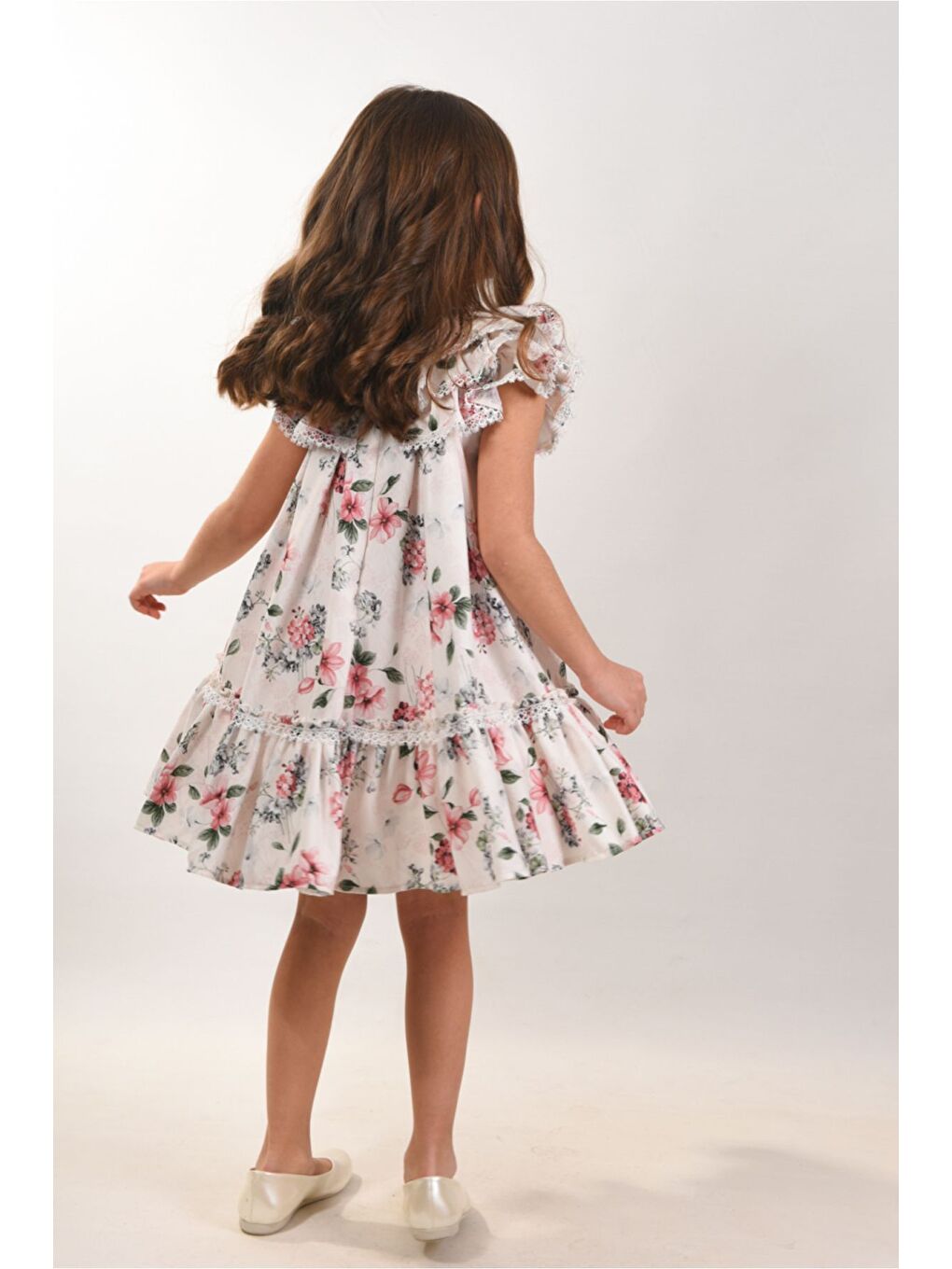 Pembe Çiçekli, Fiyonklu Yaka Detaylı Kız Çocuk Elbisesi ,Özel Tasarım Çocuk Elbise, Doğum Günü Elbisesi-5