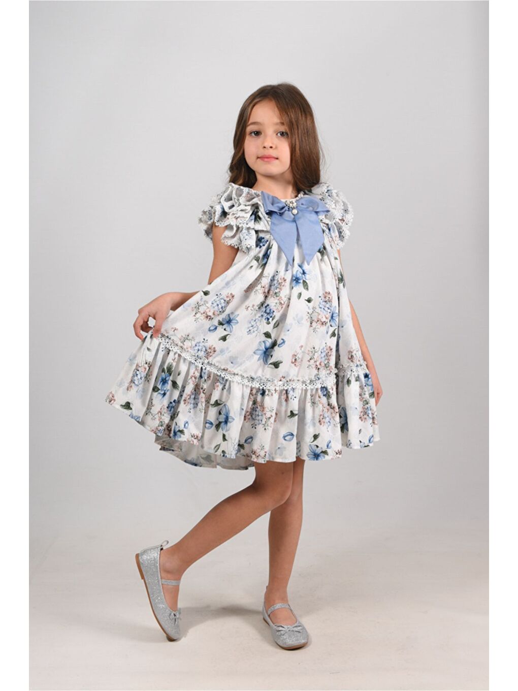 Mavi Çiçekli, Fiyonklu Yaka Detaylı Kız Çocuk Elbisesi ,Özel Tasarım Çocuk Elbise, Doğum Günü Elbisesi