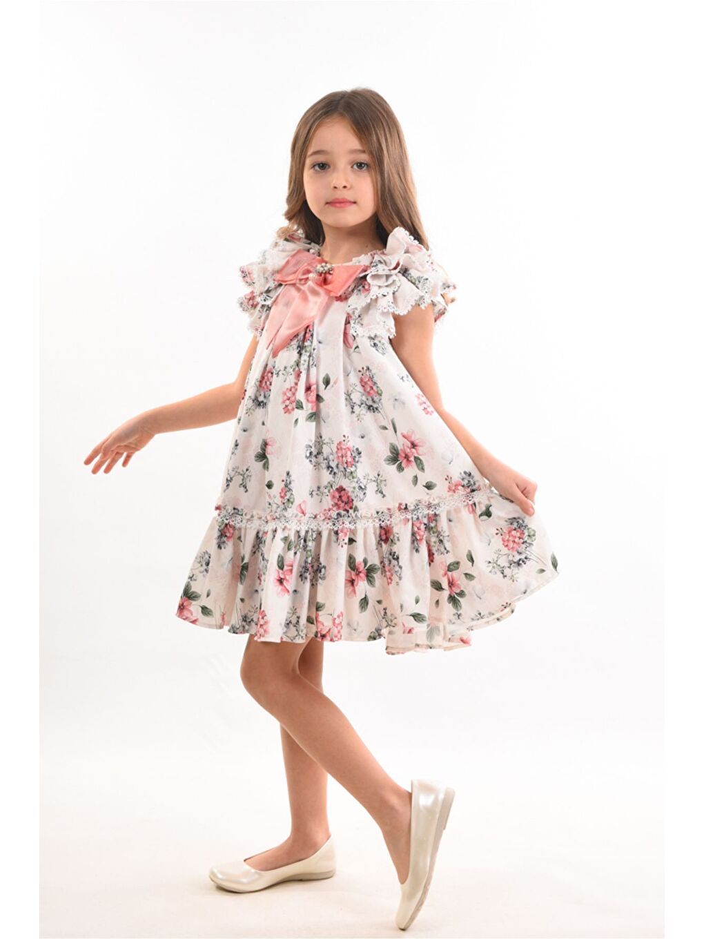 Pembe Çiçekli, Fiyonklu Yaka Detaylı Kız Çocuk Elbisesi ,Özel Tasarım Çocuk Elbise, Doğum Günü Elbisesi-6