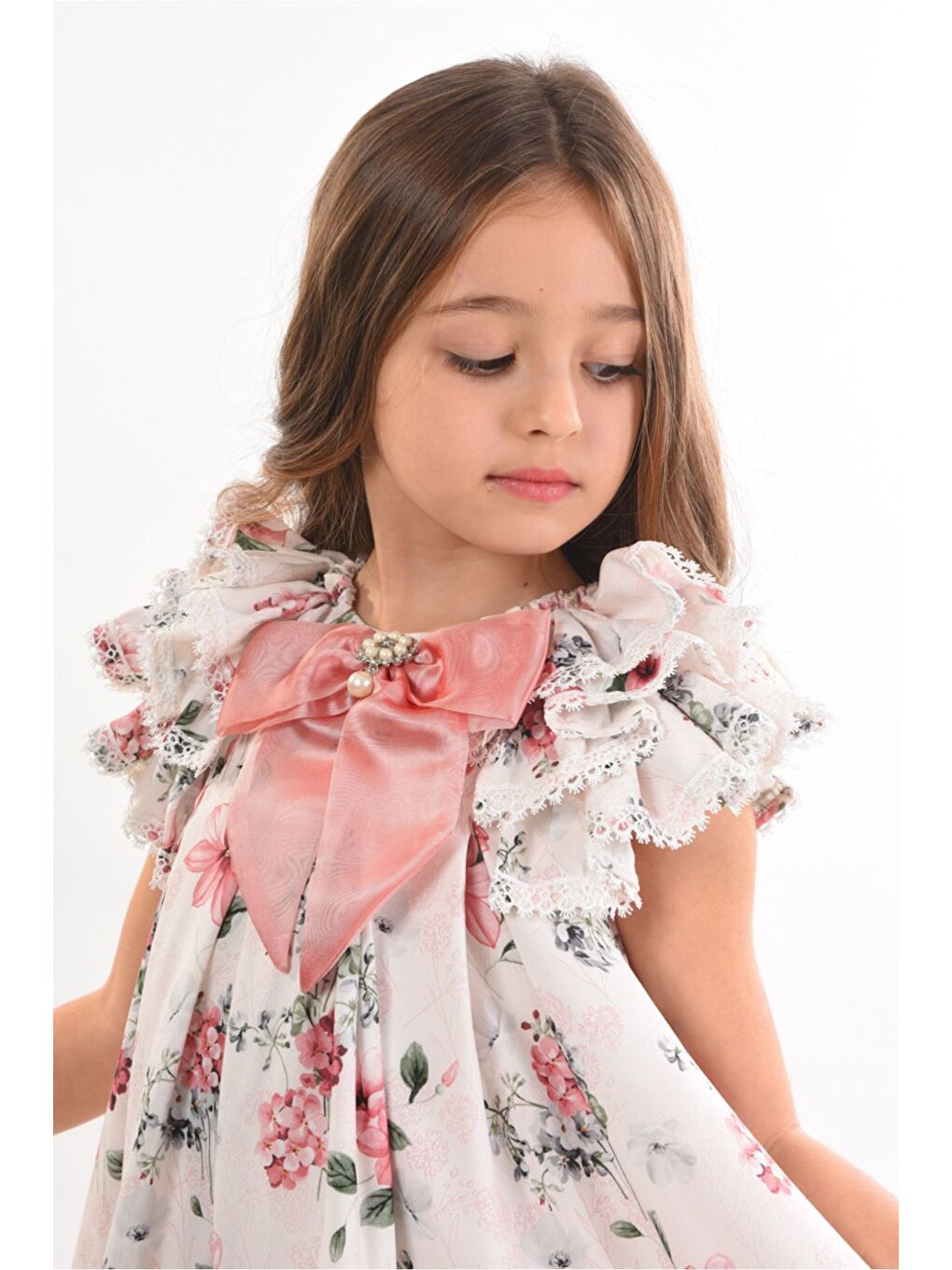 Pembe Çiçekli, Fiyonklu Yaka Detaylı Kız Çocuk Elbisesi ,Özel Tasarım Çocuk Elbise, Doğum Günü Elbisesi-7