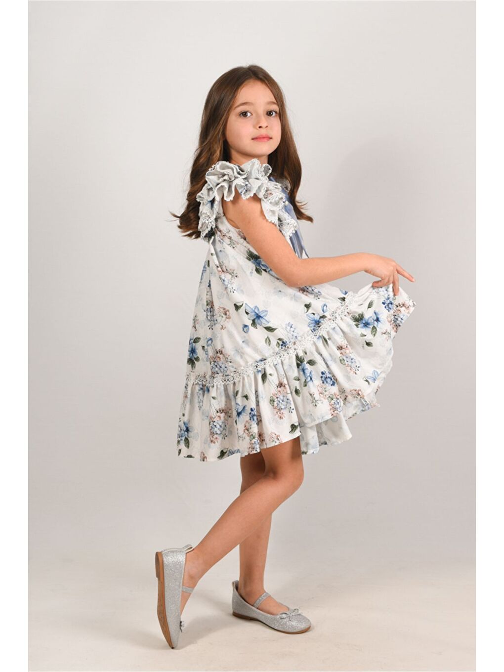 Mavi Çiçekli, Fiyonklu Yaka Detaylı Kız Çocuk Elbisesi ,Özel Tasarım Çocuk Elbise, Doğum Günü Elbisesi-1