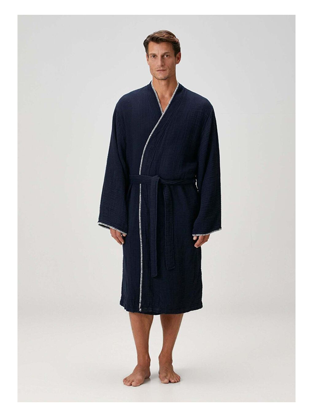 Loom 4 Katlı Müslin Çoban Dikşili Erkek Bornoz Lacivert