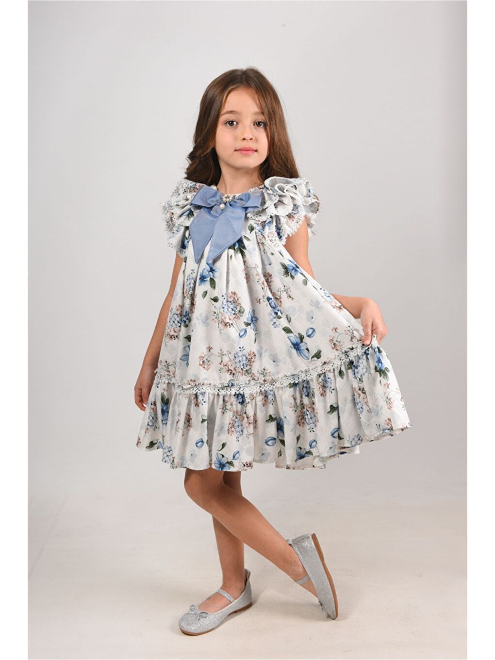 Mavi Çiçekli, Fiyonklu Yaka Detaylı Kız Çocuk Elbisesi ,Özel Tasarım Çocuk Elbise, Doğum Günü Elbisesi-2