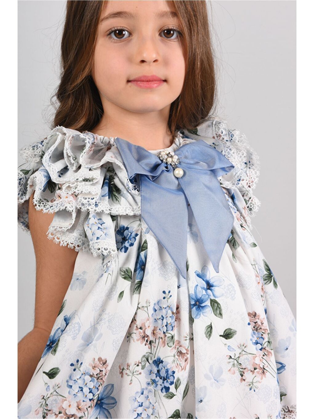 Mavi Çiçekli, Fiyonklu Yaka Detaylı Kız Çocuk Elbisesi ,Özel Tasarım Çocuk Elbise, Doğum Günü Elbisesi-3