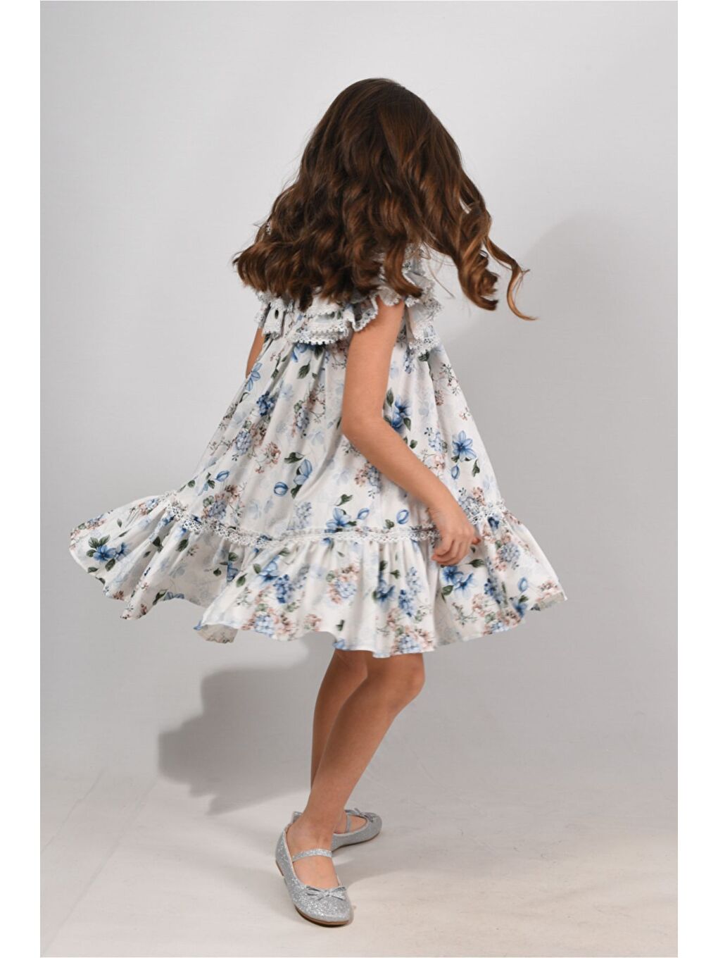 Mavi Çiçekli, Fiyonklu Yaka Detaylı Kız Çocuk Elbisesi ,Özel Tasarım Çocuk Elbise, Doğum Günü Elbisesi-4
