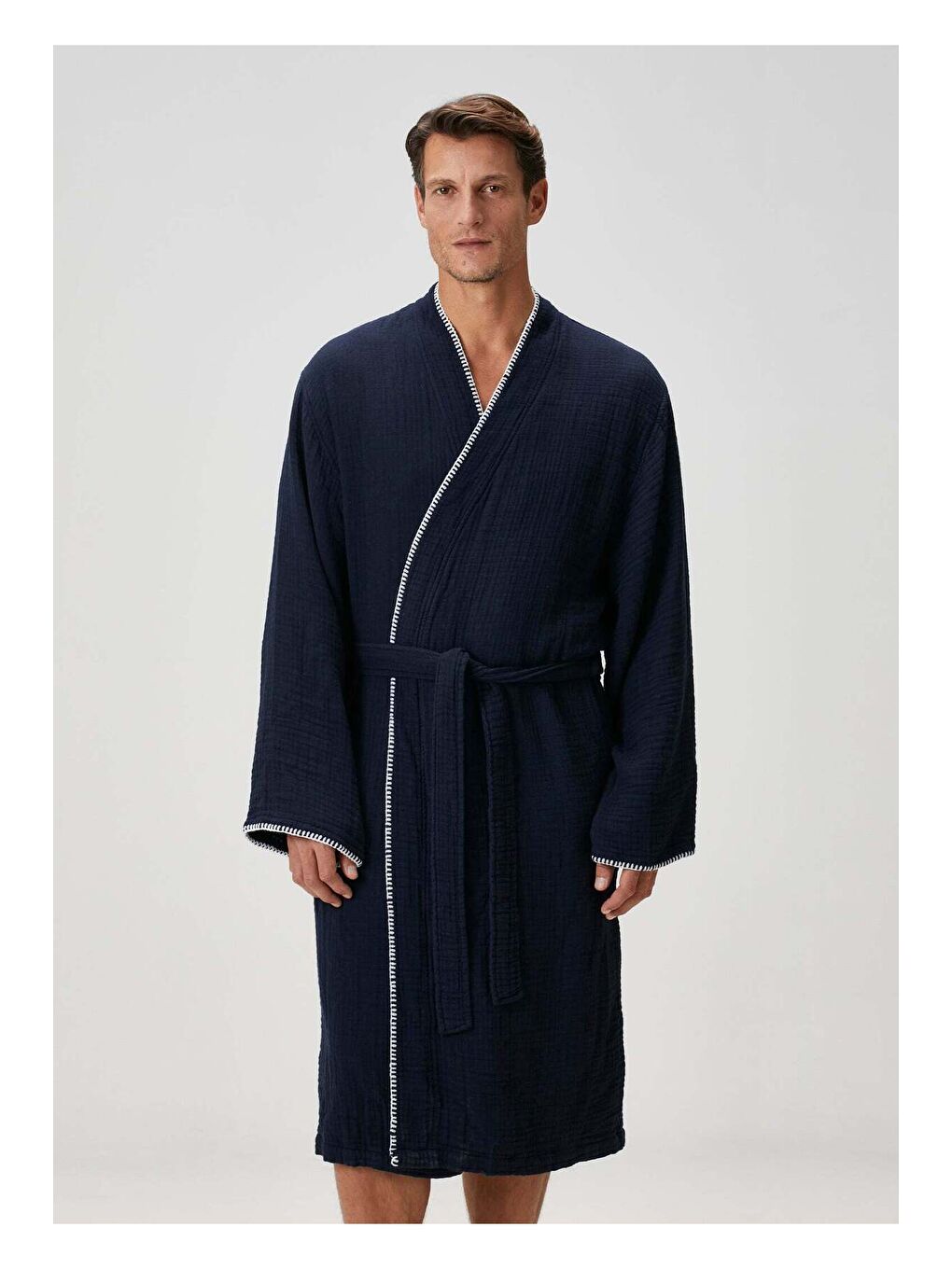 Loom 4 Katlı Müslin Çoban Dikşili Erkek Bornoz Lacivert-1