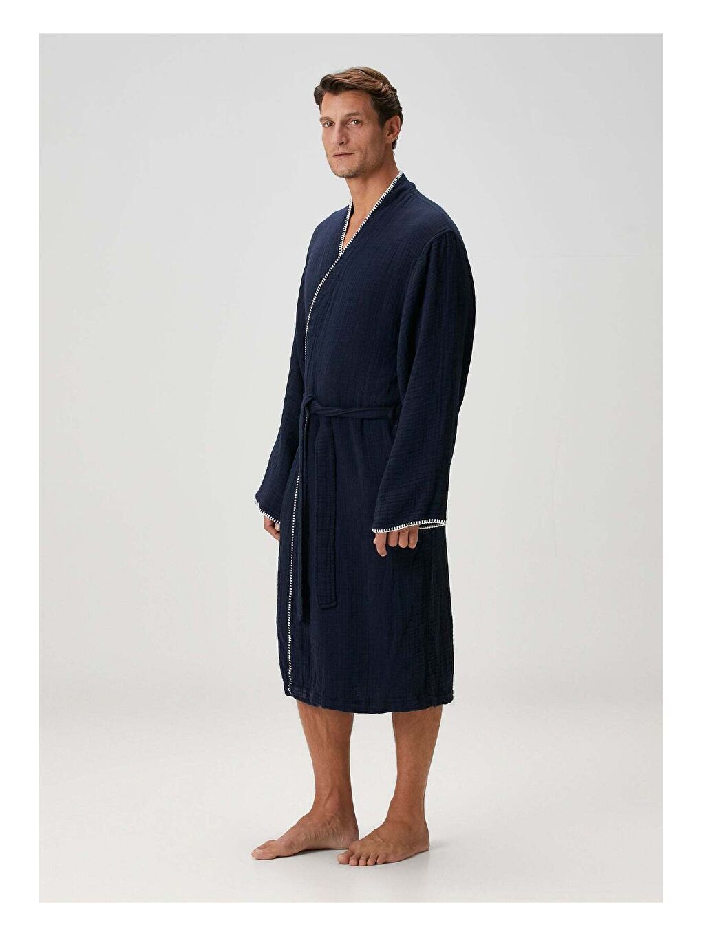 Loom 4 Katlı Müslin Çoban Dikşili Erkek Bornoz Lacivert-2