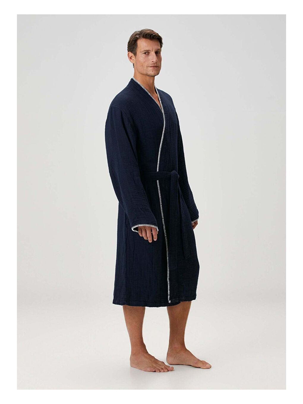 Loom 4 Katlı Müslin Çoban Dikşili Erkek Bornoz Lacivert-3
