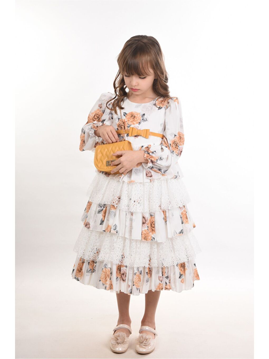 Sarı Çiçekli ve Çantalı Kat Kat Uzun Kemerli Kız Çocuk Elbise Doğum Günü Elbisesi-1