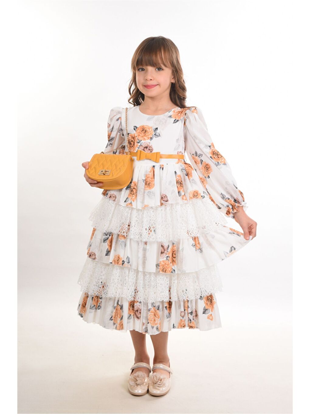 Sarı Çiçekli ve Çantalı Kat Kat Uzun Kemerli Kız Çocuk Elbise Doğum Günü Elbisesi-2