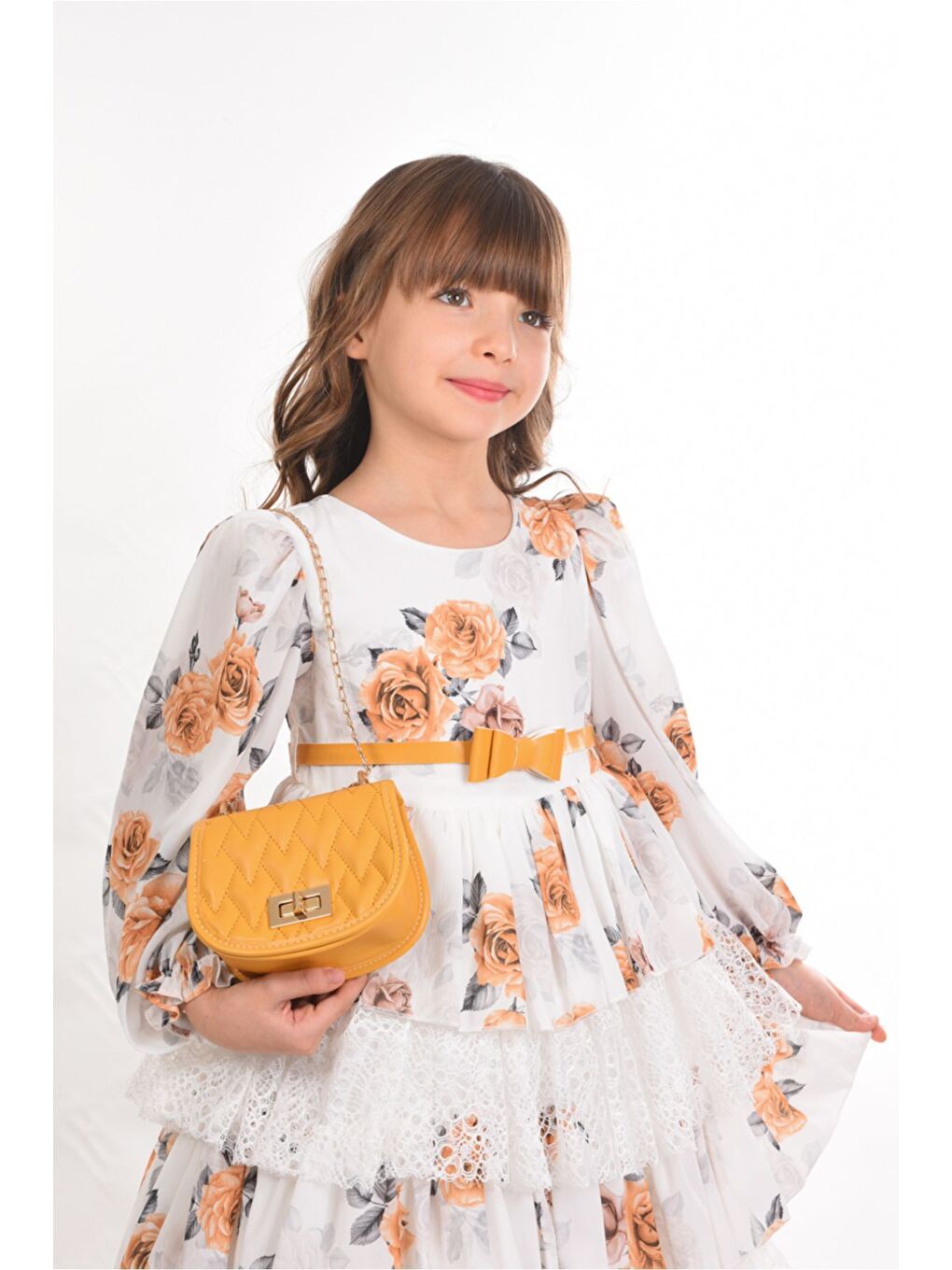 Sarı Çiçekli ve Çantalı Kat Kat Uzun Kemerli Kız Çocuk Elbise Doğum Günü Elbisesi-3