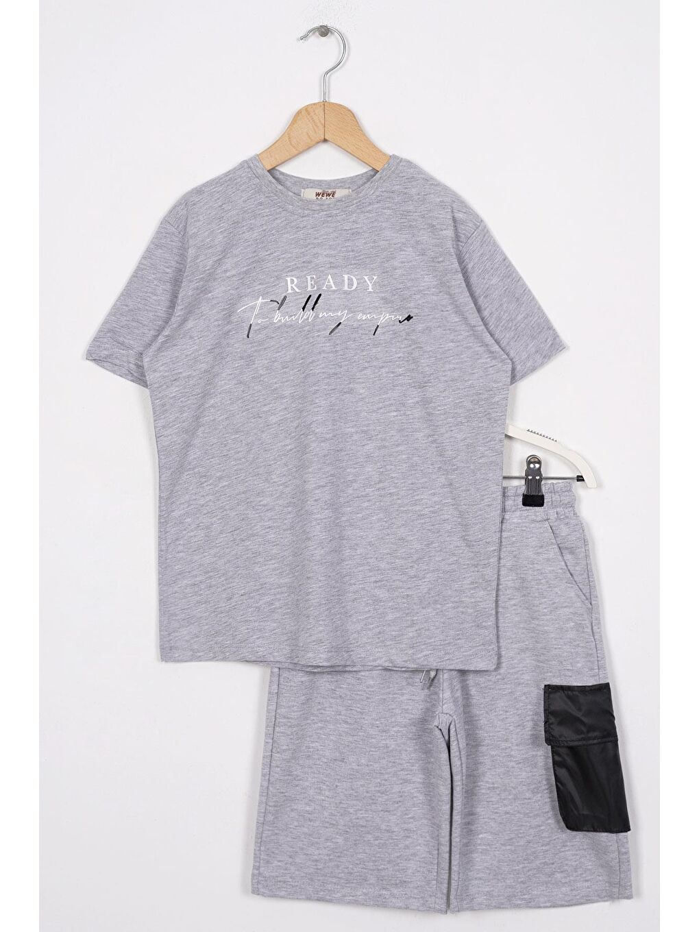 Ready Baskılı Gri Melanj Renk Erkek Çocuk Şortlu Takım
