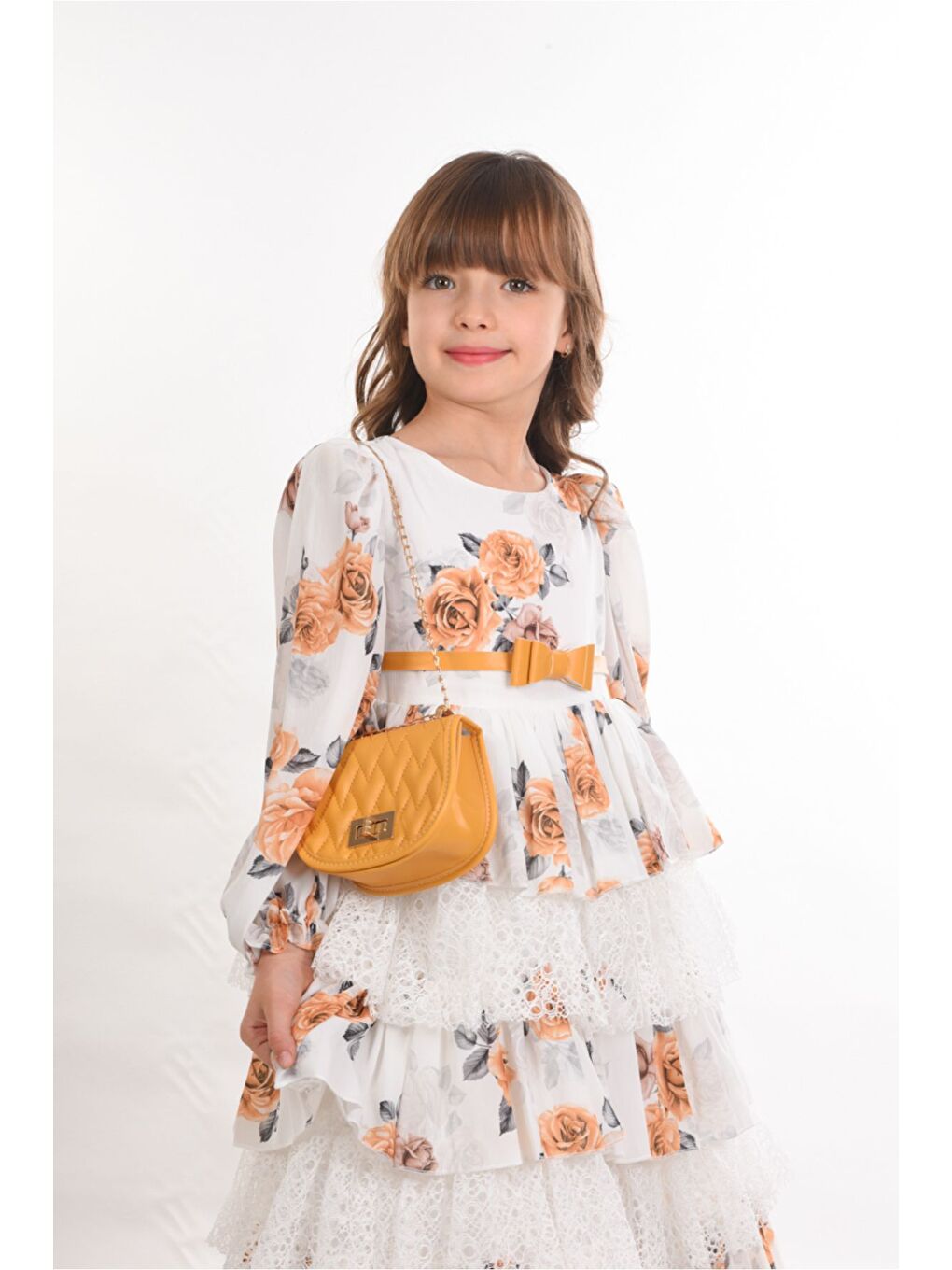 Sarı Çiçekli ve Çantalı Kat Kat Uzun Kemerli Kız Çocuk Elbise Doğum Günü Elbisesi-4