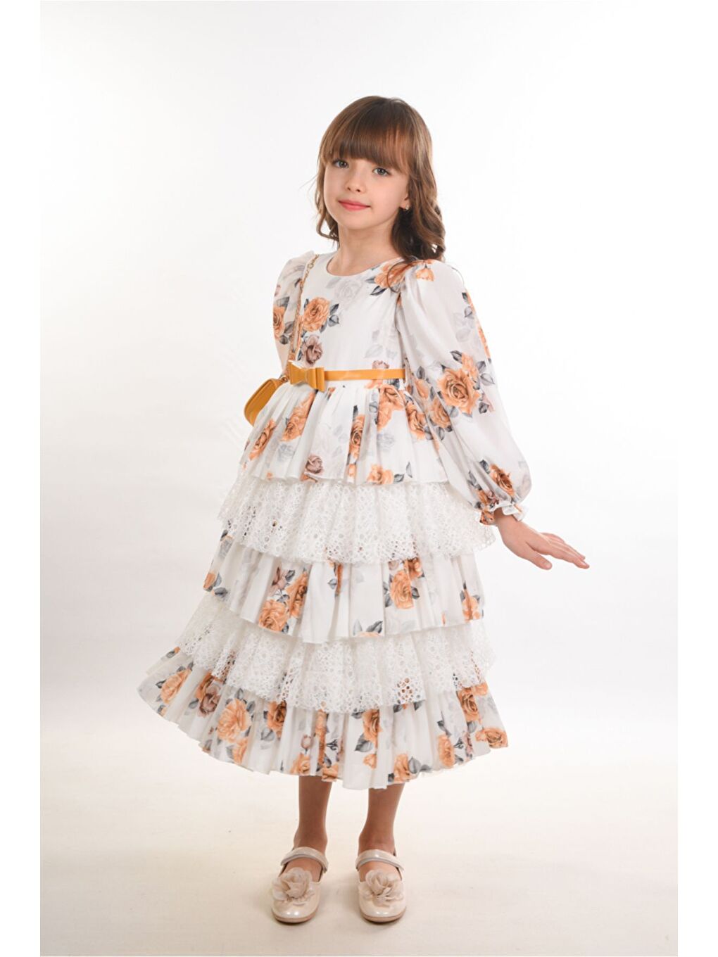 Sarı Çiçekli ve Çantalı Kat Kat Uzun Kemerli Kız Çocuk Elbise Doğum Günü Elbisesi-5