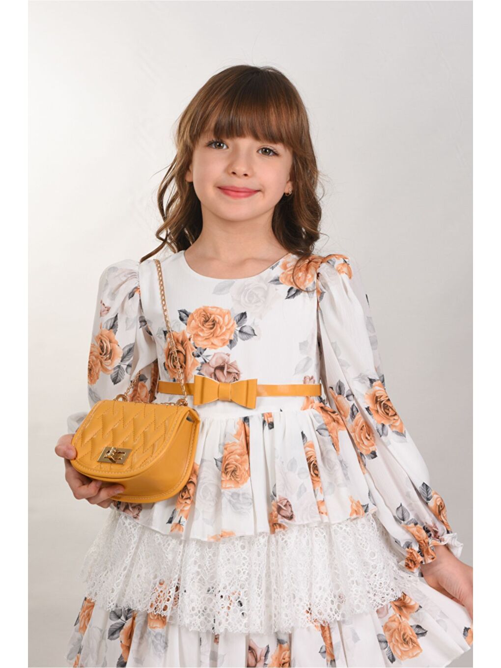 Sarı Çiçekli ve Çantalı Kat Kat Uzun Kemerli Kız Çocuk Elbise Doğum Günü Elbisesi-6