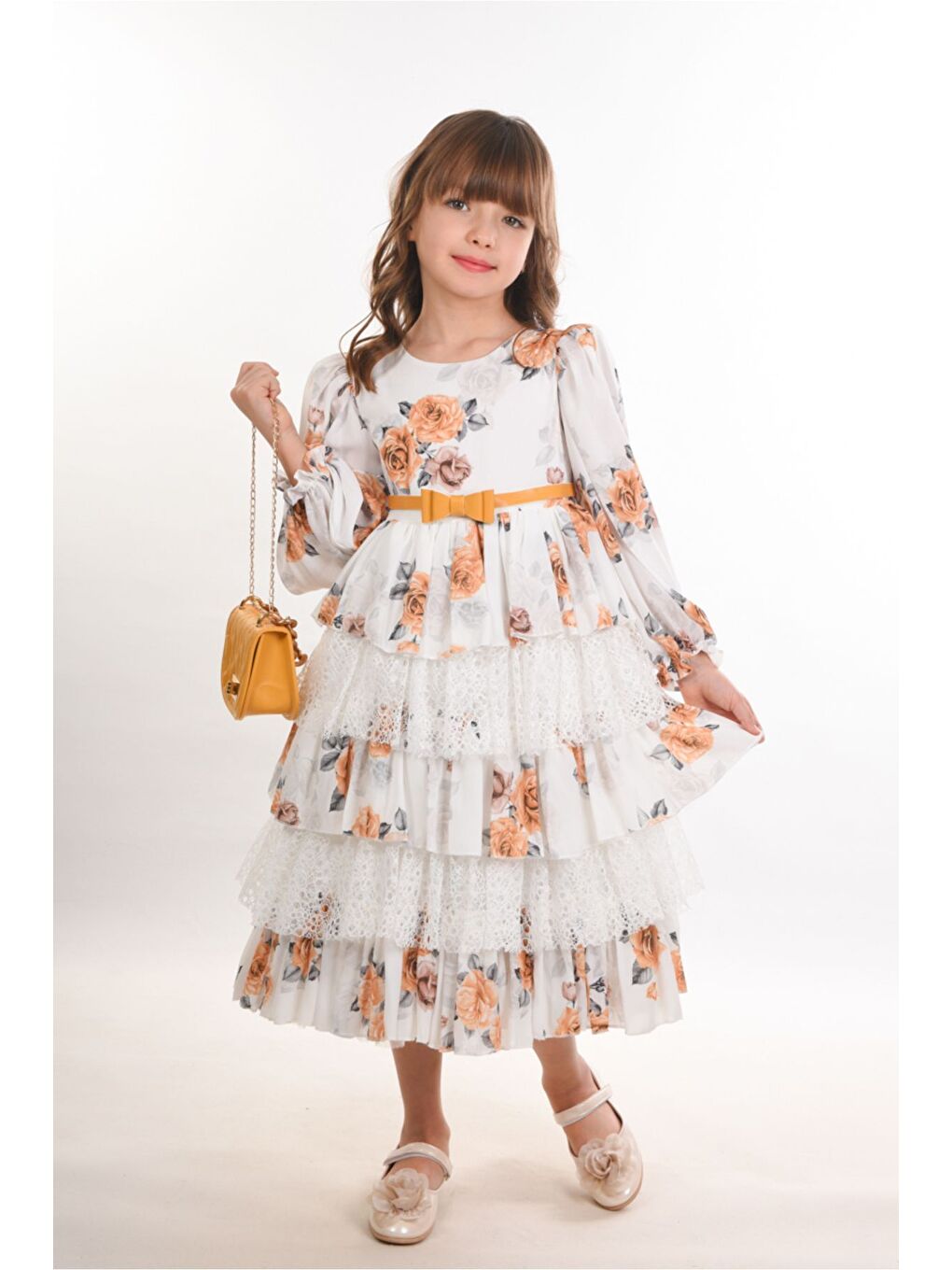 Sarı Çiçekli ve Çantalı Kat Kat Uzun Kemerli Kız Çocuk Elbise Doğum Günü Elbisesi-7