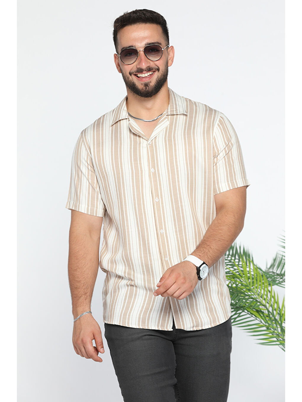 Bej Slim Fit Desenli Keten Gömlek