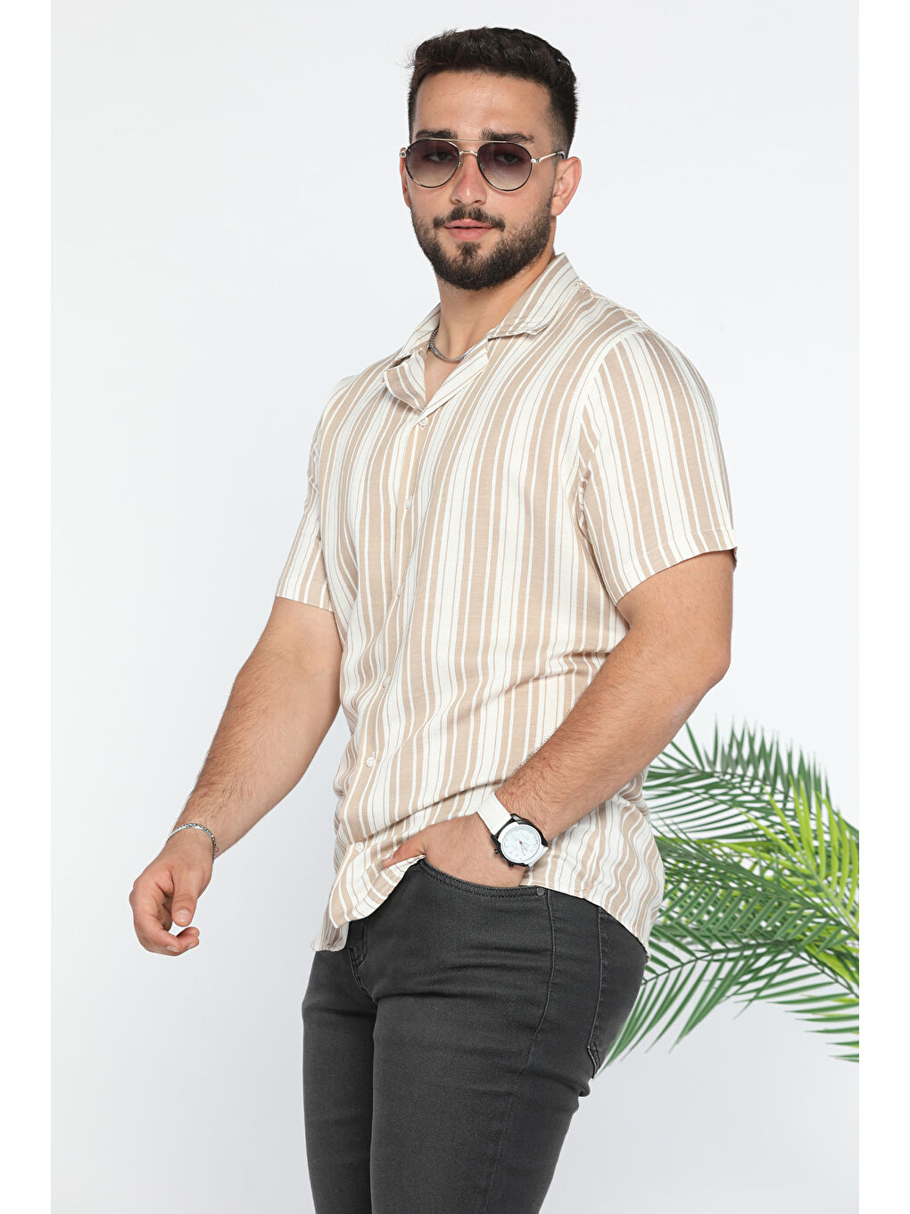 Bej Slim Fit Desenli Keten Gömlek-1