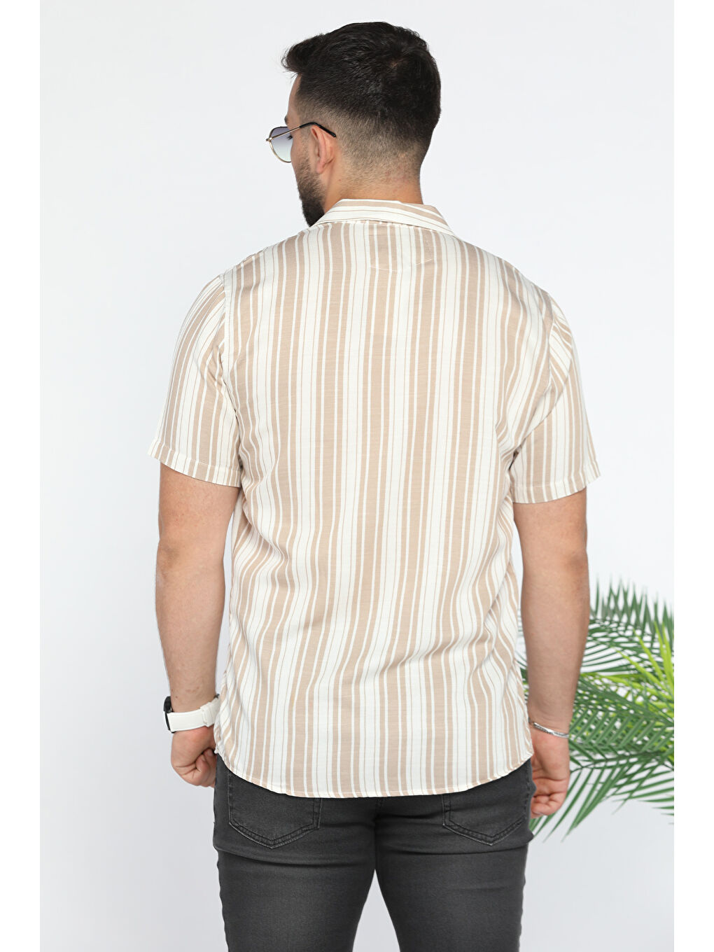 Bej Slim Fit Desenli Keten Gömlek-2