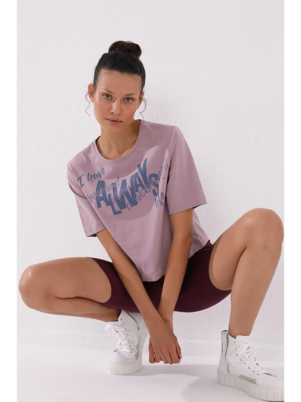 TOMMYLIFE Gülkurusu Gül Kurusu Asimetrik Yazı Baskılı O Yaka Kadın Oversize T-Shirt - 97136 - 2