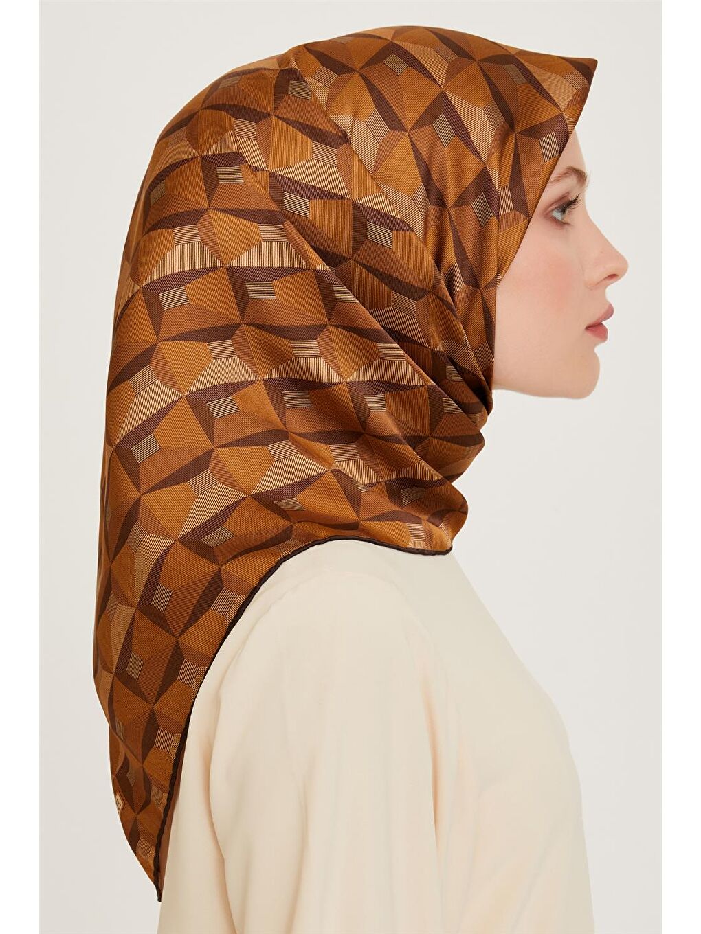 Kahverengi Klasik Desenli Twill Saf İpek Eşarp 9204D 31-1