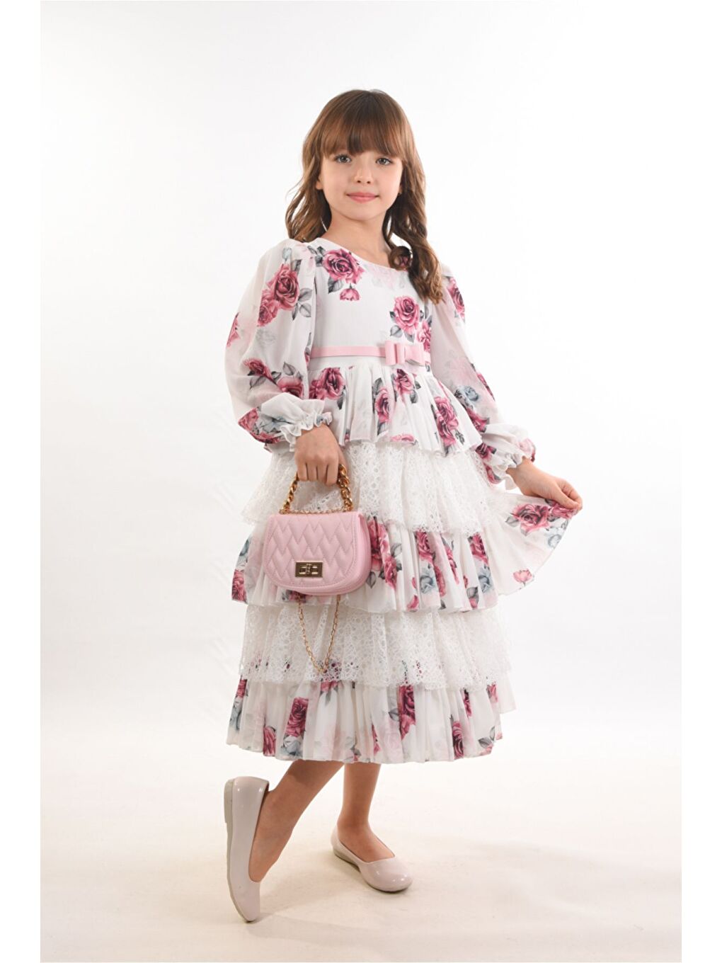 Pembe Çiçekli ve Çantalı Kat Kat Uzun Kemerli Kız Çocuk Elbise Doğum Günü Elbisesi-1